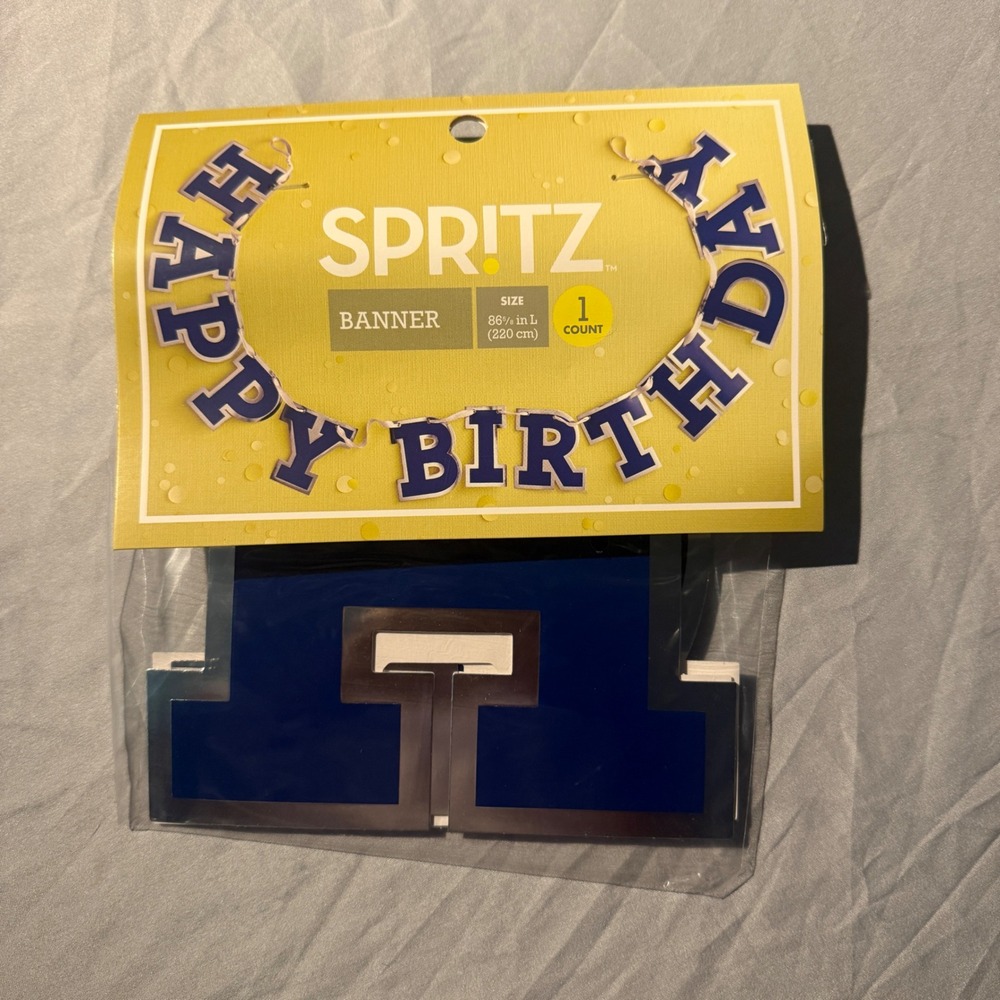 Spritz Happy Birthday Banner Blue Silver Metallic Party Decoration 86.5in L